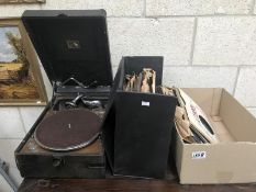 A HMV portable gramophone player and quantity of 78 rpm records