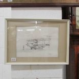 A framed and glazed pencil drawing of an airplane signed Foggo '76.