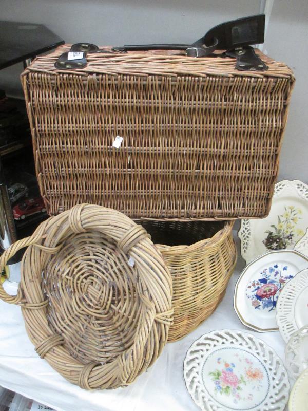 A wicker picnic basket etc.