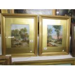 A pair of gilt framed and glazed 19th century oil on board paintings 'Woman on fence with church in