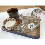 A Val De Lambert glass duck, lead crystal flower, lustre ware goblet etc.