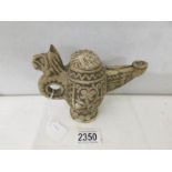 Islamic Ghaxni stone carved oil lamp: A rare carved stone oil lamp from Ghazni, Afghanistan,