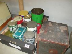 A collection of assorted vintage tins including Hughes biscuits, Ministry of food etc.
