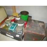 A collection of assorted vintage tins including Hughes biscuits, Ministry of food etc.