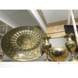 A large Asian plaque, bowl and pair of vases.