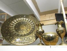 A large Asian plaque, bowl and pair of vases.