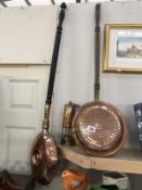 2 copper warming pans and copper and brass miners lamps