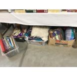 4 boxes of craft items including books, wool & sheepskin rug etc.