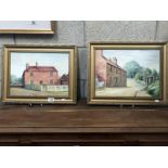 2 gilt framed oils on board of red brick cottages