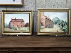 2 gilt framed oils on board of red brick cottages