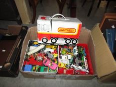A 1970's Matchbox carry case with contents and 2 tins of diecast including Corgi etc.