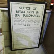 A framed and glazed Railway / Shipping poster for 'Notice of Reduction in Sea Surcharges' for
