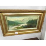 A gilt framed oil on canvas 'Landscape with Castle' signed E Evans, image 40.5 x 17.5 cm.