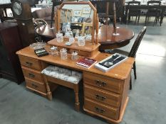 A solid pine double pedestal desk/dressing table with mirror and stool