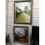 A gilt framed oil on board of a farm house and 1 other