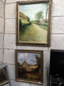 A gilt framed oil on board of a farm house and 1 other