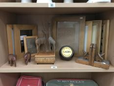 A marquetry inlaid box with wooden items & pictures frames etc.