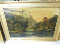 An oil on canvas landscape with river, woman on bridge, derelict castle wall signed G Willis Pryce,