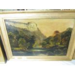 An oil on canvas landscape with river, woman on bridge, derelict castle wall signed G Willis Pryce,