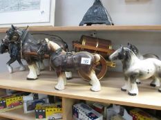 5 pottery shire horses and a cart