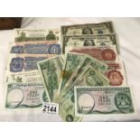 A selection of old bank notes including USA 1 dollar,