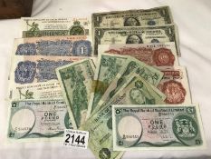 A selection of old bank notes including USA 1 dollar,