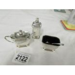 A 3 piece silver condiment set with original blue glass liners (mustard pot liner a/f),