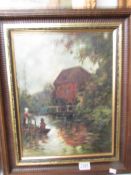 An oil on canvas 'Man fishing with a water mill in the background' signed but indistinct,