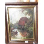 An oil on canvas 'Man fishing with a water mill in the background' signed but indistinct,