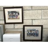 A pair of framed prints or watercolours of children on the beach and donkey rides