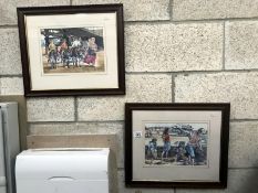 A pair of framed prints or watercolours of children on the beach and donkey rides