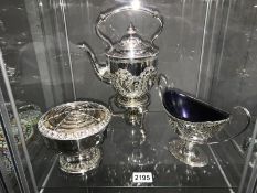 A silver plated teapot on stand & with burner,