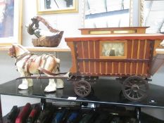 A large pottery shire horse with gypsy caravan