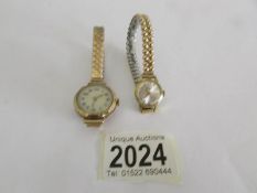 A 9ct gold ladies wrist watch on plated strap (in working order) and another ladies wrist watch