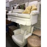 A cream fabric 3 seat settee with armchair & stool
