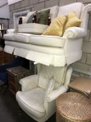 A cream fabric 3 seat settee with armchair & stool