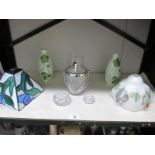 A Tiffany style lamp, a glass shade, 2 glass vases etc.