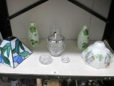 A Tiffany style lamp, a glass shade, 2 glass vases etc.