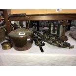 A mixed lot including horse brasses, copper kettle,