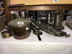 A mixed lot including horse brasses, copper kettle,