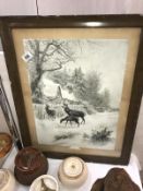 A vintage framed & glazed print of stags & deer outside a cottage entitled staved out