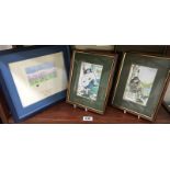 2 framed & glazed cartoon style pictures & 1 other
