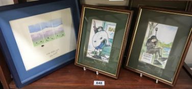 2 framed & glazed cartoon style pictures & 1 other