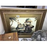 A framed & glazed print of Indian elephants with riders
