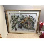 A fabulous framed & glazed embroidered village scene with thatched cottage & church