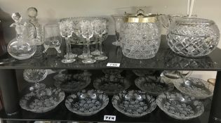 2 shelves of glass including biscuit barrel & fruit bowls etc.