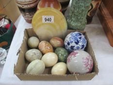 8 stone / marble eggs, 2 pottery balls etc.