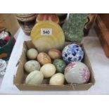 8 stone / marble eggs, 2 pottery balls etc.