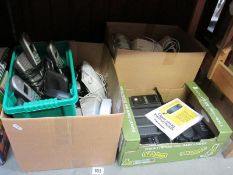 4 boxes of old telephones, mobile phones, radio receivers, accessories etc.