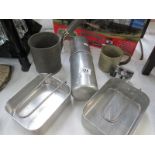 A vintage Walker ice flask, military mess tins etc.